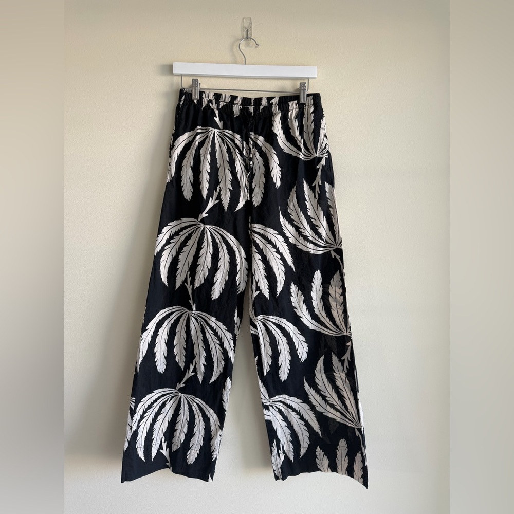 H&M Black Palm Print Wide Leg Pants Small Cotton Drawstring Semi Sheer Resort - Picture 6 of 13